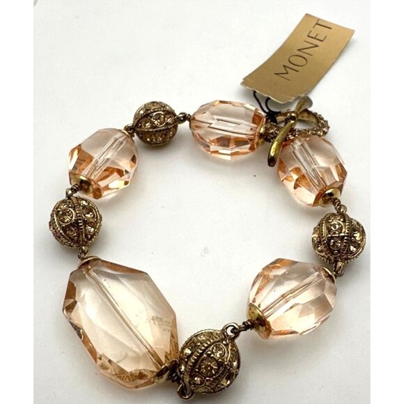 Vintage Timeless Elegance Monet Bracelet Pink Bead Faceted Translucent Romantic - Picture 2 of 8
